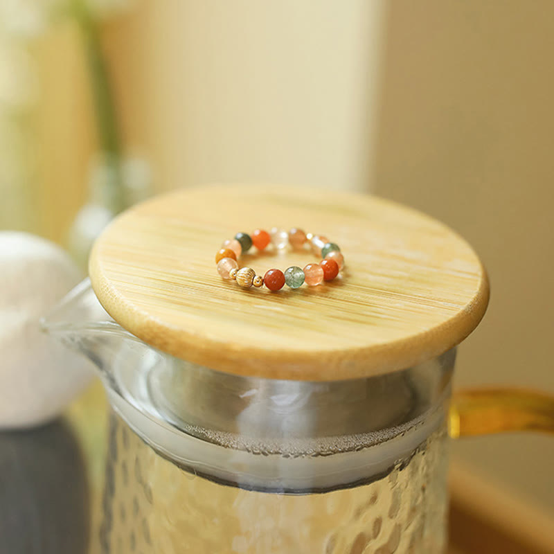 Nimara Ritual 14k Gold Plated Copper Fu Lu Shou Crystal Peach Moonstone Happiness Wealth Ring