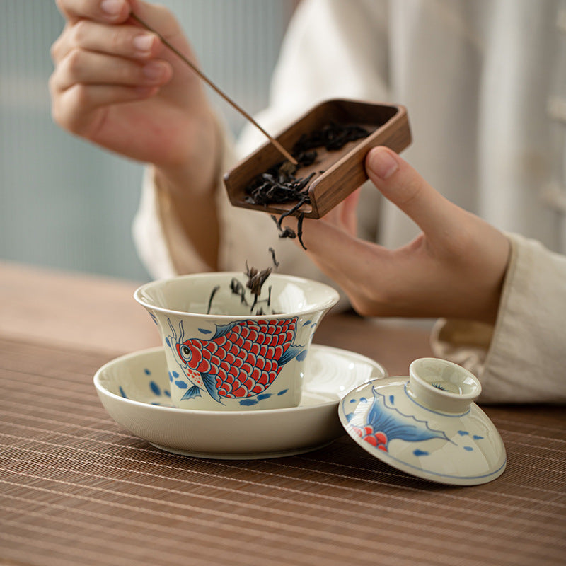Nimara Ritual Koi Fish Arowana Ceramic Gaiwan Sancai Teacup Kung Fu Tea Cup With Lid 130ml