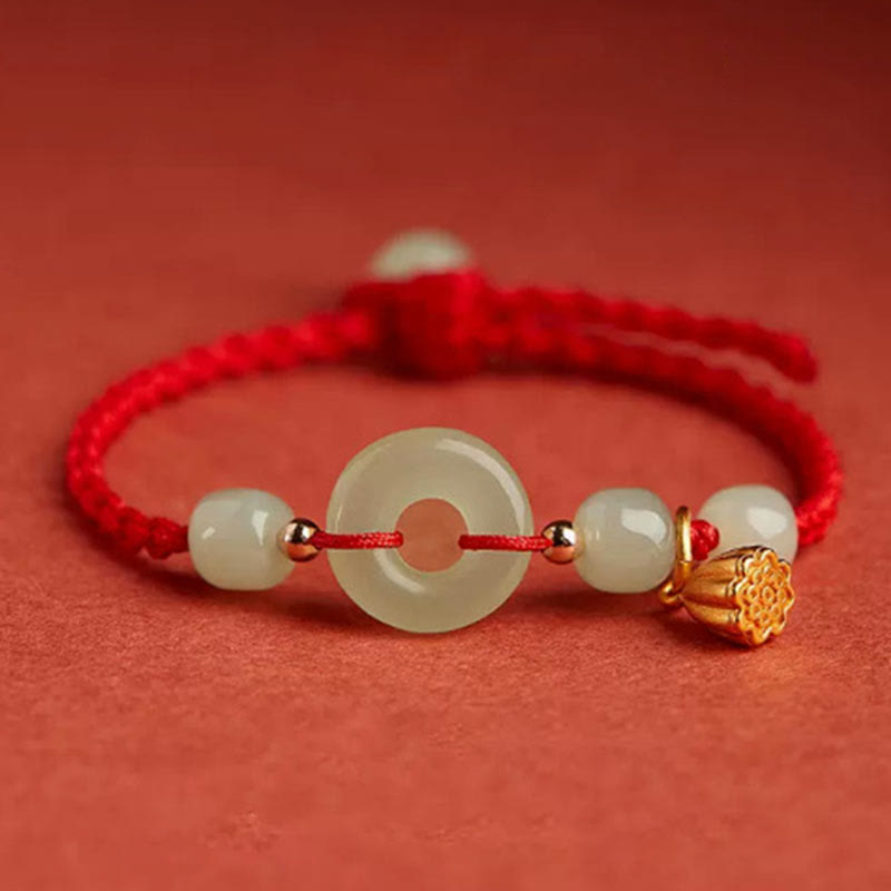 Nimara Ritual Round Peace Buckle Jade Lotus Happiness Abundance Wealth String Bracelet