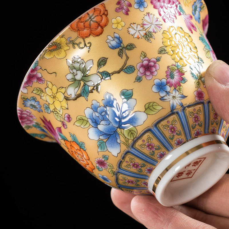 Nimara Ritual Peony Flowers Ceramic Gaiwan Sancai Teacup Kung Fu Tea Cup And Saucer With Lid