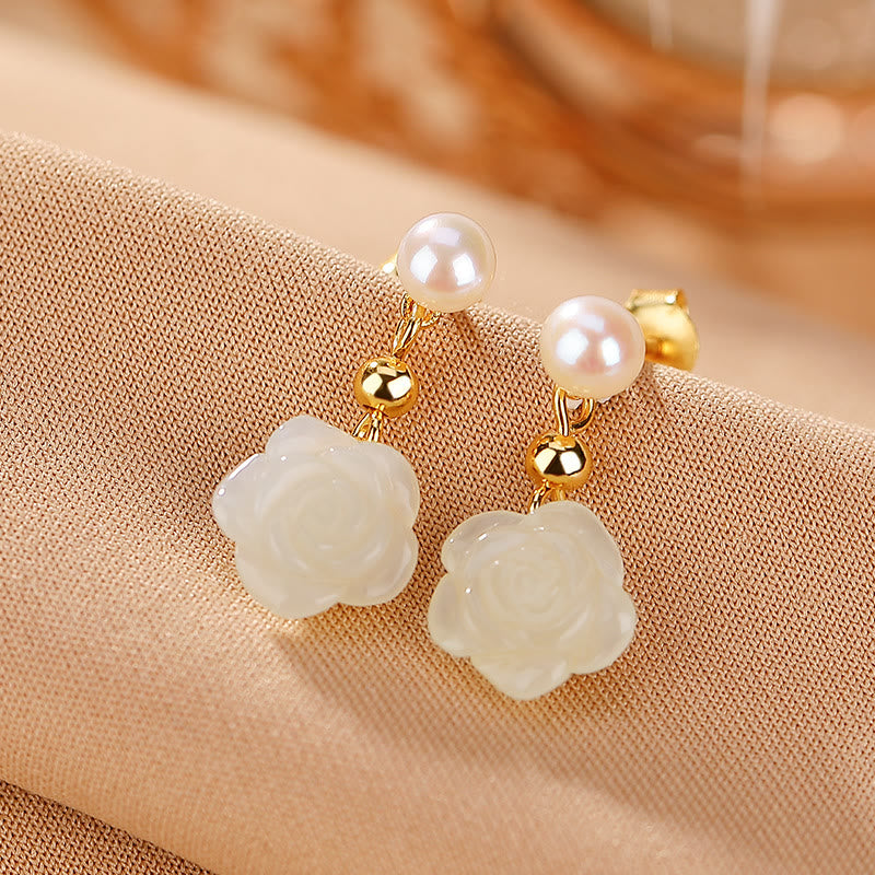 Nimara Ritual 925 Sterling Silver Plated Gold Jade Rose Flower Cyan Jade Pearl Luck Earrings