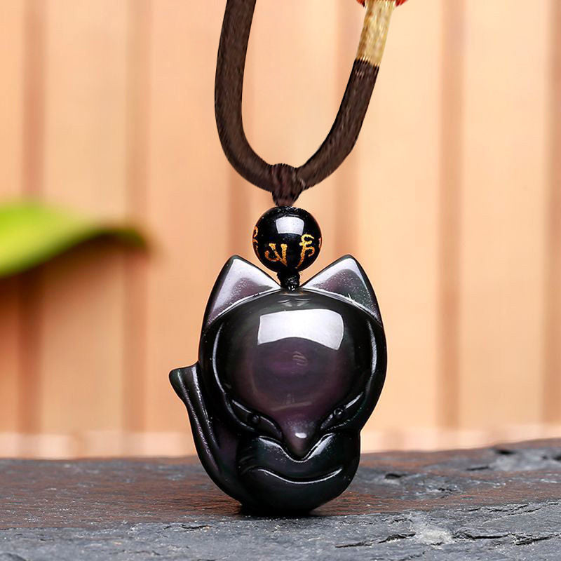 Nimara Ritual Natural Rainbow Obsidian Gold Sheen Obsidian Nine Tailed Fox Positive Necklace Pendant