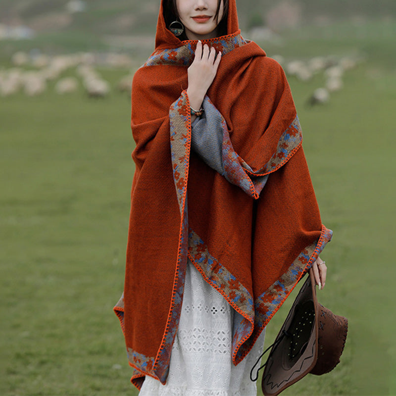 Nimara Ritual Tibetan Shawl Border Small Floral Flower Hooded Cloak Winter Cozy Travel Scarf Wrap