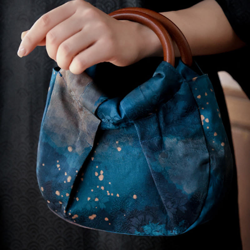 Nimara Ritual Handmade Jacquard Flower Blue Wooden Handle Handbag