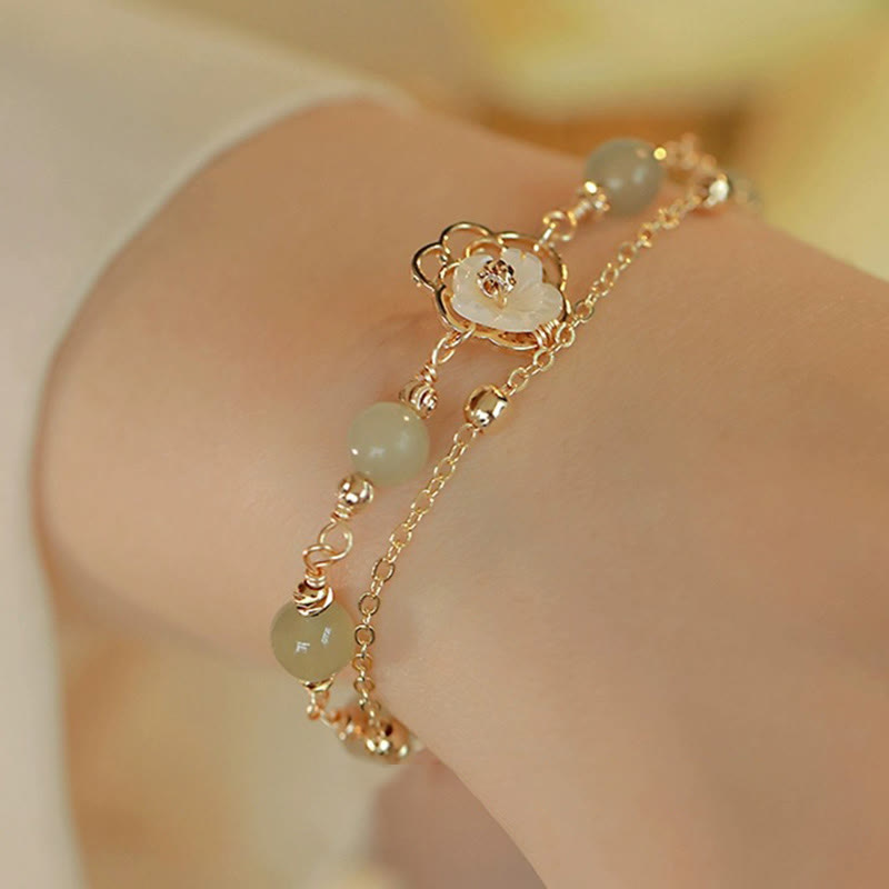 Nimara Ritual 14K Gold Plated Jade Butterfly Tridacna Stone Flower Double Layer Luck Bracelet