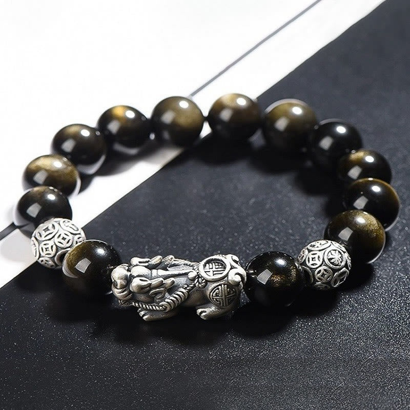 Nimara Ritual 925 Sterling Silver Natural Gold Sheen Obsidian PiXiu Wealth Protection Bracelet