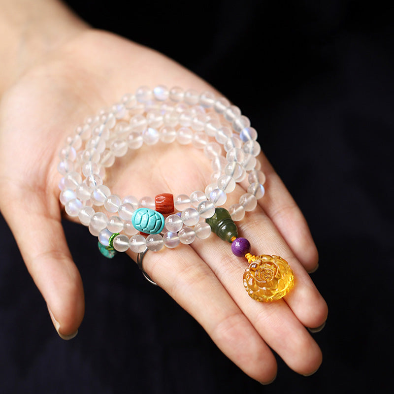 Nimara Ritual 108 Mala Beads Moonstone Amber Lotus Turquoise Crystal Healing Bracelet