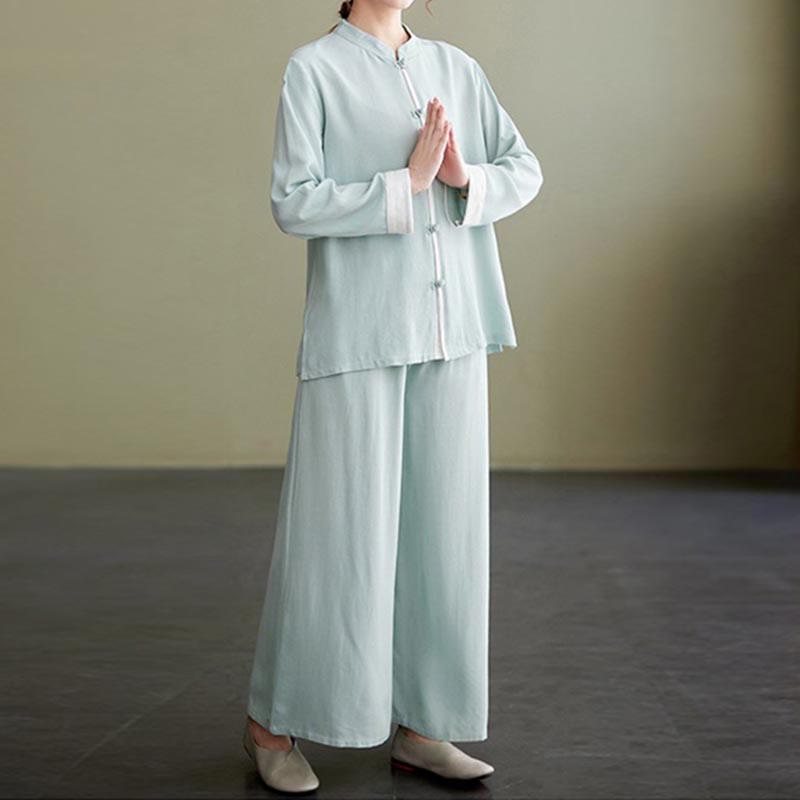Nimara Ritual 2Pcs Tang Suit Long Sleeve Shirt Top Pants Meditation Zen Tai Chi Cotton Linen Clothing Women's Set