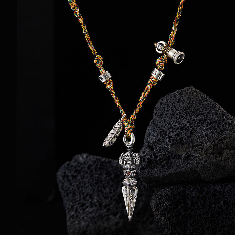Nimara Ritual Tibetan Handmade 925 Sterling Silver Dorje Vajra Om Mani Padme Hum Feather Strength Necklace Pendant