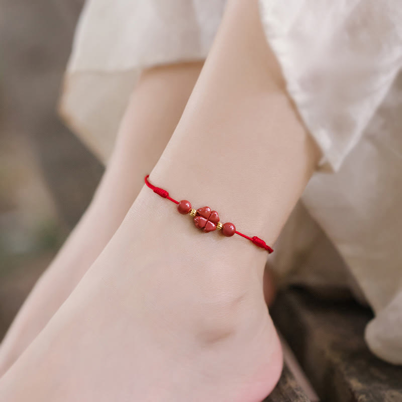 Nimara Ritual Four Leaf Clover Cinnabar Blessing Calm String Bracelet Anklet