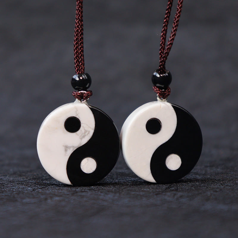 Nimara Ritual Natural Black Obsidian White Turquoise Yin Yang Fulfilment Strength Necklace Pendant