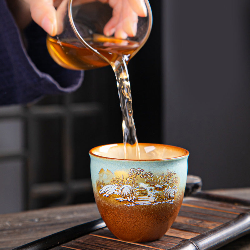 Nimara Ritual Colorful Deer Pipa Snow Plum Blossoms Mountains Rivers Bird Ceramic Teacup Kung Fu Tea Cup Bowl