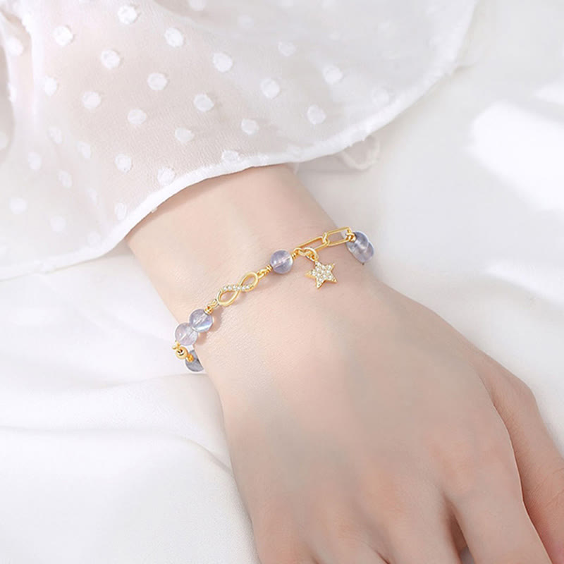 Nimara Ritual 14K Gold Plated Natural Strawberry Quartz Moonstone MAbius Loop Eternal Love Star Positive Bracelet