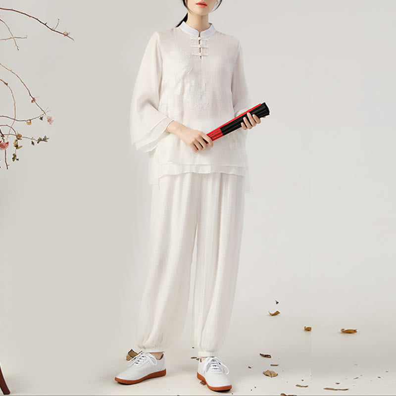 Nimara Ritual 2Pcs Long Sleeve Frog-Button Meditation Prayer Zen Practice Tai Chi Uniform Clothing Women's Set