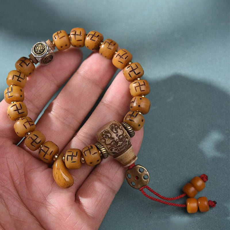 Nimara Ritual Natural Tibetan Camel Bone Swastika Dzi Bead Shankha Buddha Charm Kirtimukha Luck Protection Tassel Bracelet