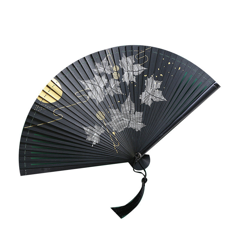 Nimara Ritual Vintage Cloud Crane Maple Leaf Pattern Handheld Bamboo Folding Fan