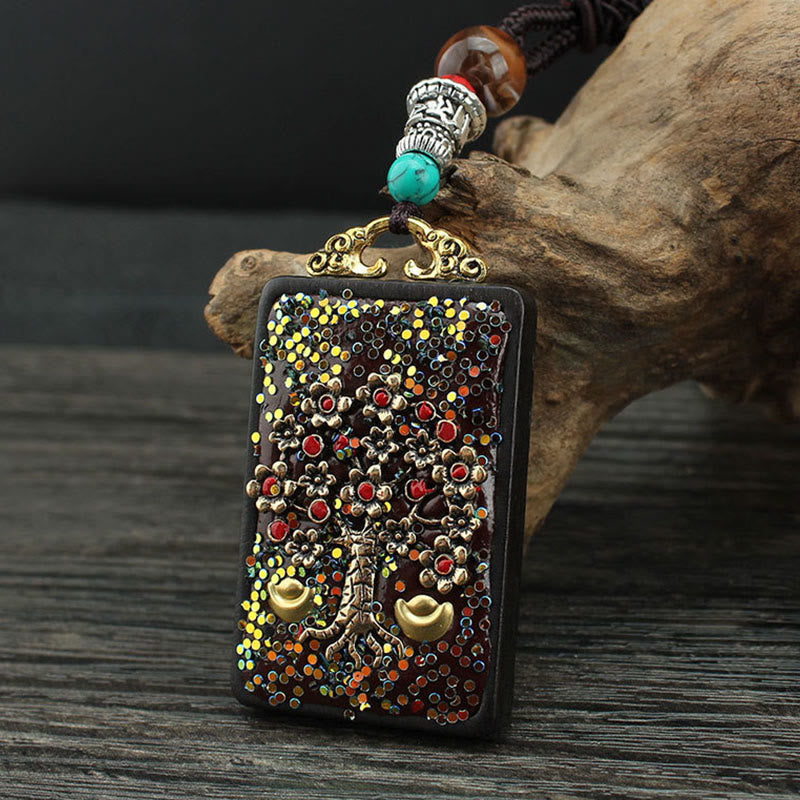 Nimara Ritual Tibet God Of Wealth Money Tree Golden Phoenix Thangka Ebony Peace Necklace Pendant