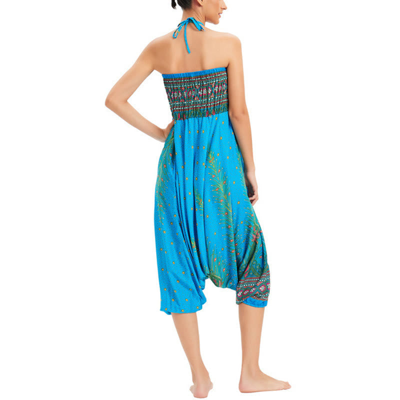 Nimara Ritual Two Style Wear Peacock Feather Loose Smocked Harem Trousers Jumpsuit High Waist Pants