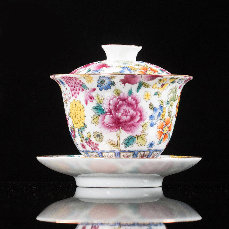 Nimara Ritual Peony Flowers Ceramic Gaiwan Sancai Teacup Kung Fu Tea Cup And Saucer With Lid