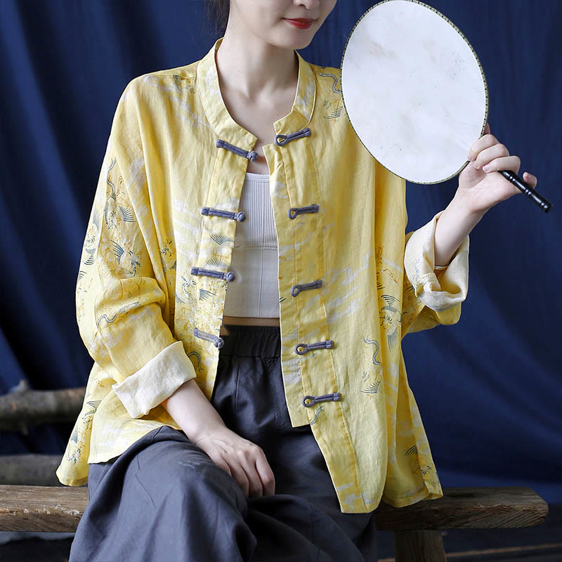 Nimara Ritual Yellow Phoenix Print Frog-button Design Long Sleeve Ramie Linen Jacket Shirt