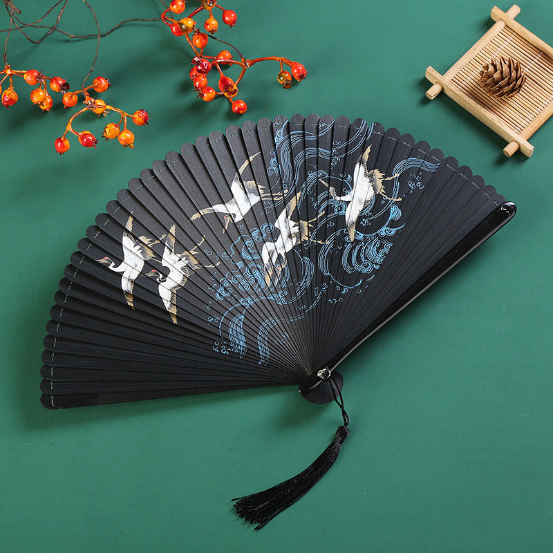 Nimara Ritual Vintage Cloud Crane Maple Leaf Pattern Handheld Bamboo Folding Fan
