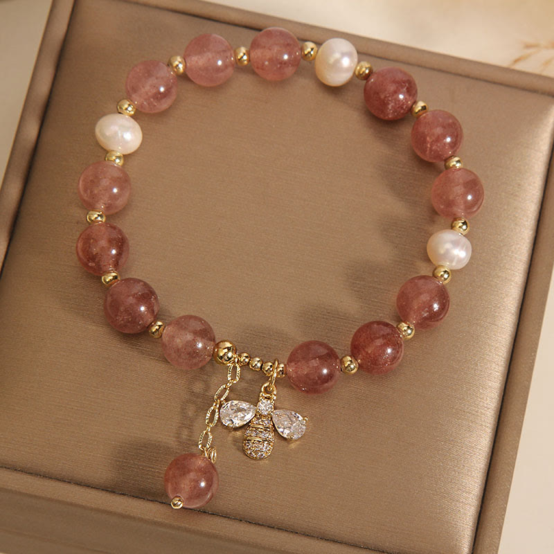 Nimara Ritual Strawberry Quartz Pearl Cute Zircon Honeybee Positive Charm Bracelet