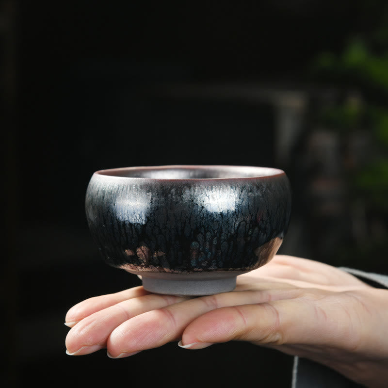 Nimara Ritual 24K Gold Inlaid Sunflower Chinese Jianzhan Glaze Kiln Change Ceramic Teacup Tenmoku Kung Fu Tea Cup