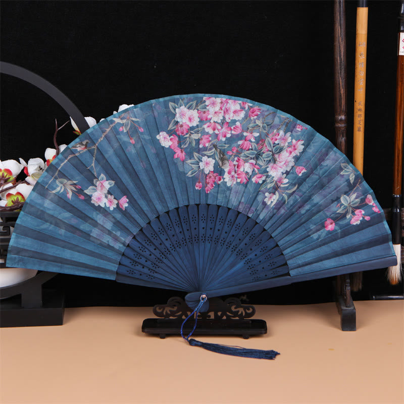 Nimara Ritual Classic Birds Singing Flowers Handheld Bamboo Folding Fan