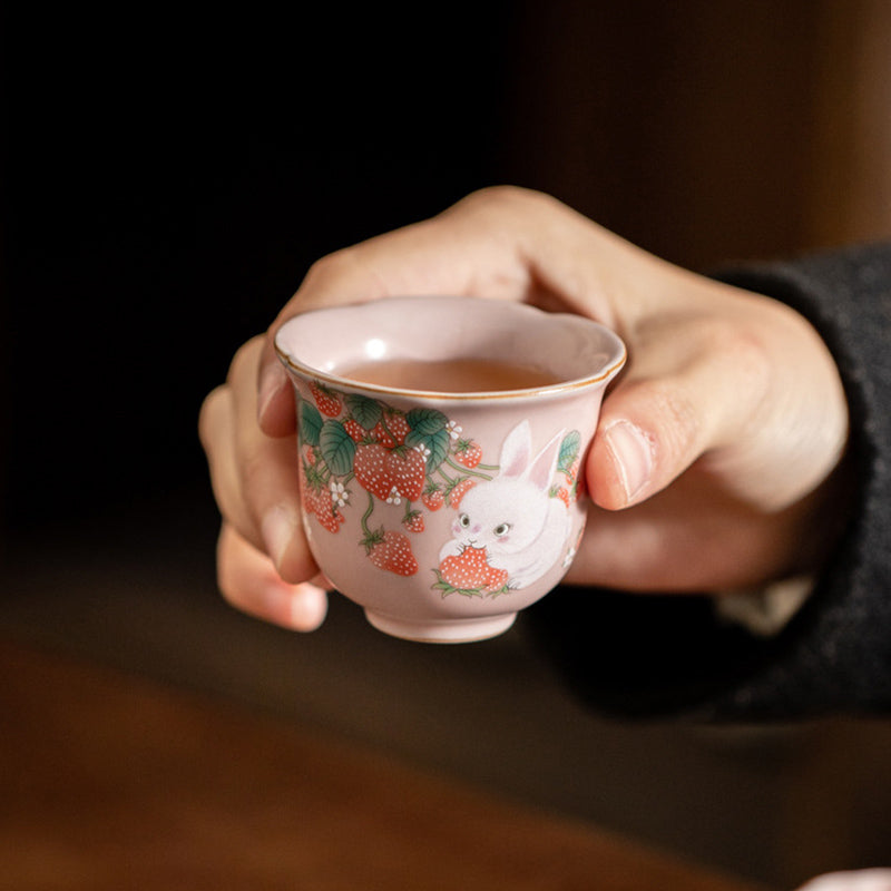 Nimara Ritual Cute Strawberry Rabbit Flower Ceramic Teacup Kung Fu Tea Cup 55ml