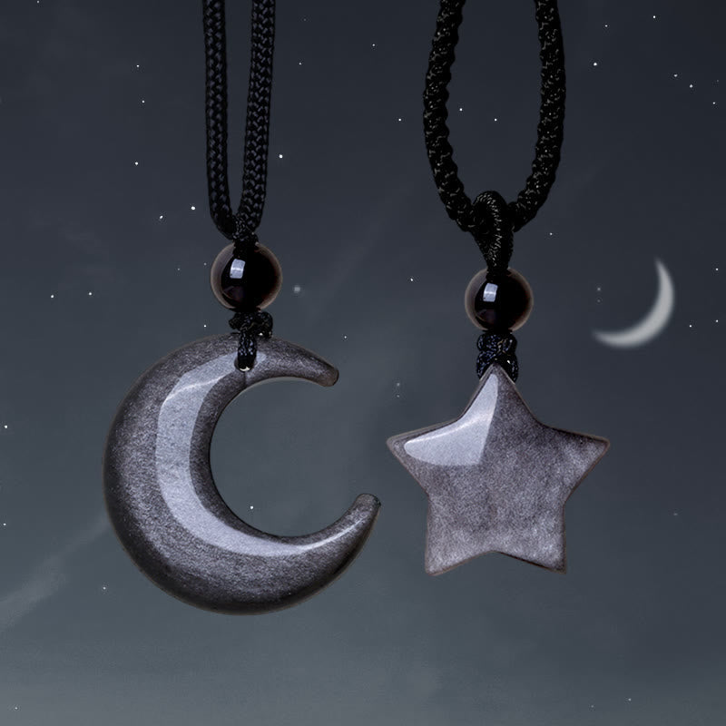 Nimara Ritual Natural Silver Sheen Obsidian Star Crescent Moon Protection Necklace Pendant