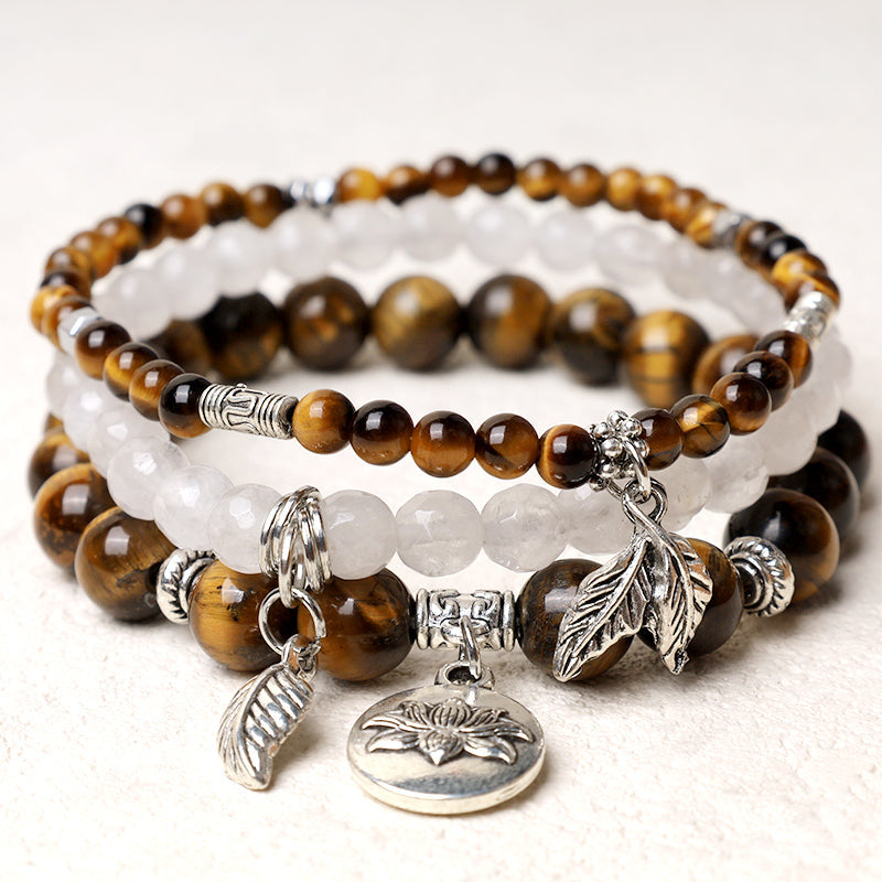 Nimara Ritual 3PCS Natural Quartz Crystal Beaded Healing Energy Lotus Bracelet