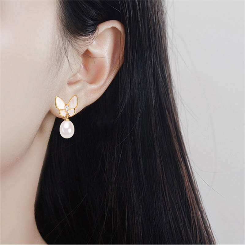 Nimara Ritual 925 Sterling Silver Posts 18K Gold Plated Copper Pearl Butterfly Optimism Stud Earrings