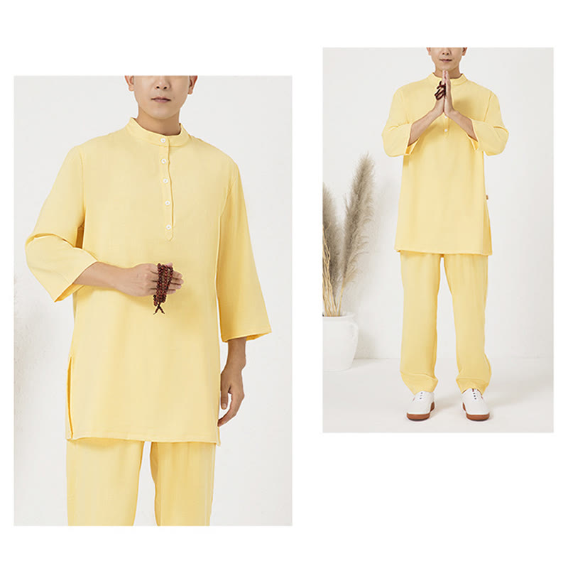 Nimara Ritual 2Pcs Buttons Men's Three Quarter Sleeve Shirt Top Pants Meditation Zen Tai Chi Cotton Linen Clothing Set