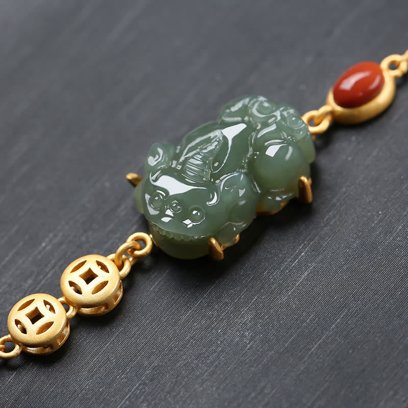 Nimara Ritual Cyan Jade PiXiu Copper Coin Red Agate Success Chain Bracelet