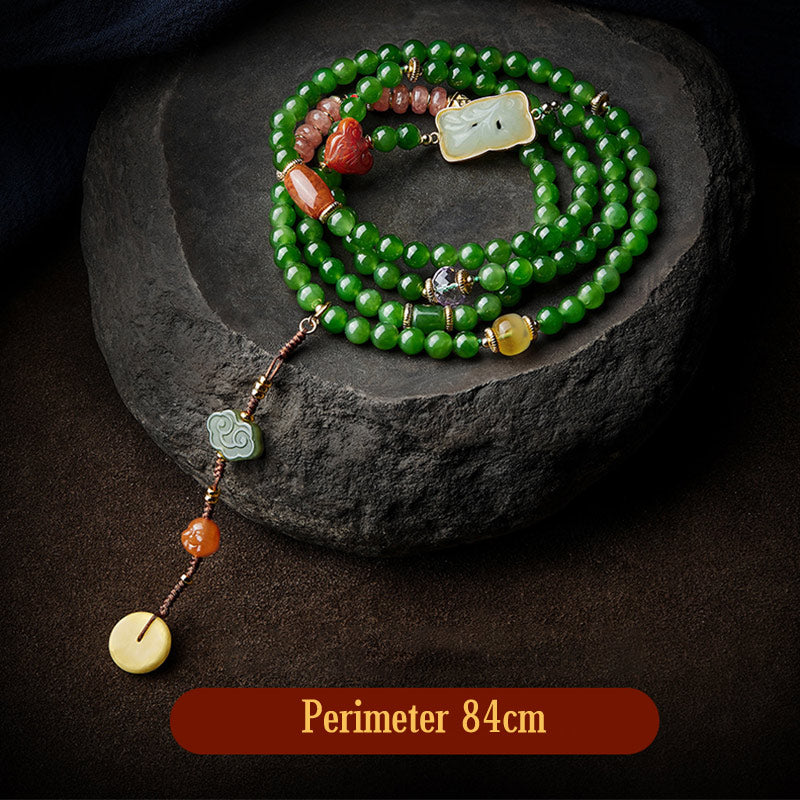 Nimara Ritual 108 Mala Beads Cyan Jade Red Agate Laughing Buddha Luck Bracelet