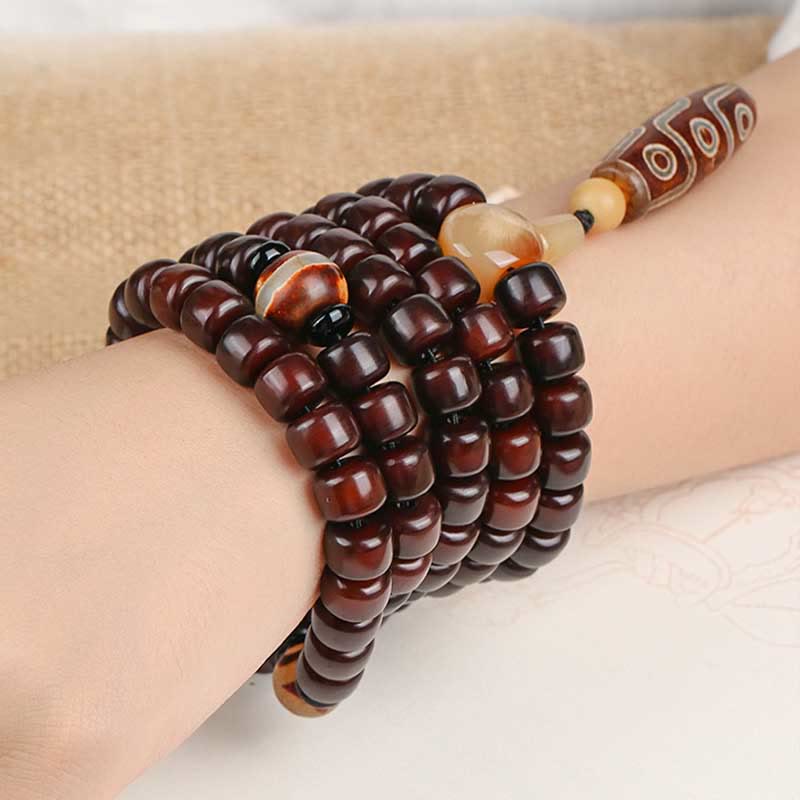 Nimara Ritual 108 Mala Beads Three-eyed Dzi Bead Nine-eye Dzi Bead Jade Luck Bracelet