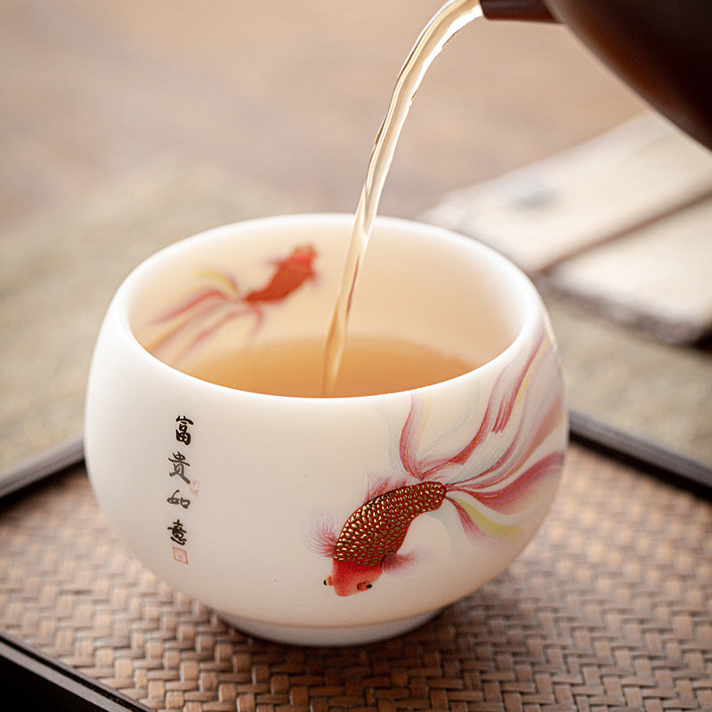 Nimara Ritual Koi Fish White Porcelain Ceramic Teacup Kung Fu Tea Cup