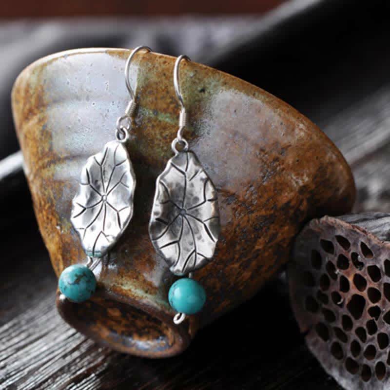 Nimara Ritual 925 Sterling Silver Turquoise Lotus Leaf Protection Drop Dangle Earrings
