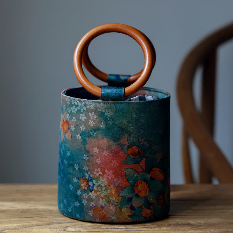 Nimara Ritual Bamboo Leaf Butterfly Cherry Blossom Persimmon Wood Handle Handbag