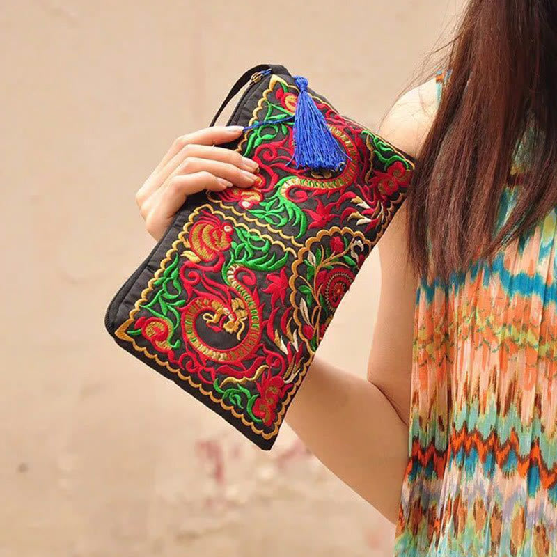 Nimara Ritual Dragon Butterfly Cosmos Flower Embroidery Wallet Shopping Purse