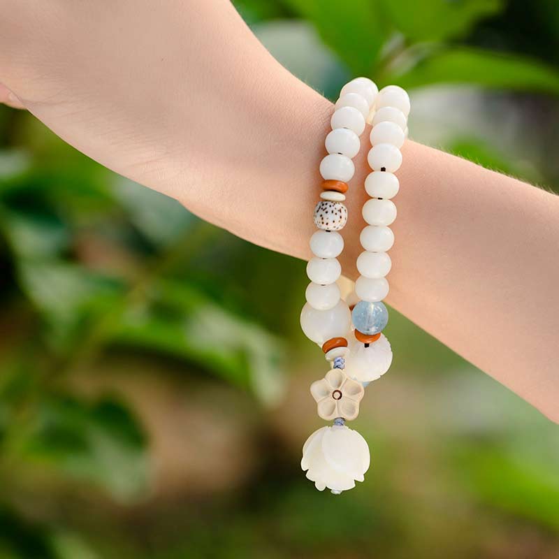 Nimara Ritual Tibetan White Jade Bodhi Lotus Blessing Bracelet
