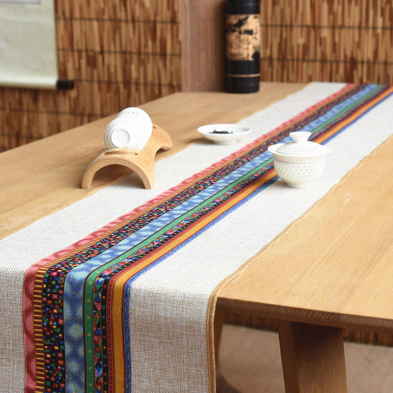 Nimara Ritual Classic Chinese Style Lotus Koi Fish Flower Crane Calligraphy Enlightenment Cotton Linen Tassels Table Runner