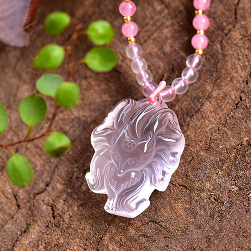 Nimara Ritual Natural Pink Crystal Nine Tailed Fox Love Necklace Pendant