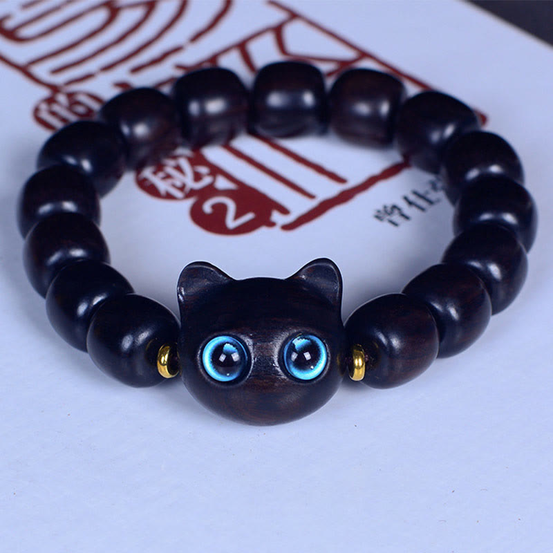 Nimara Ritual Ebony Wood Liuli Glass Lovely Cat Peace Balance Bracelet