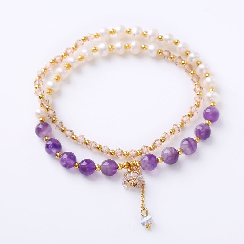 Nimara Ritual Natural Amethyst Aquamarine Strawberry Quartz Pearl Peace Healing Double Wrap Bracelet