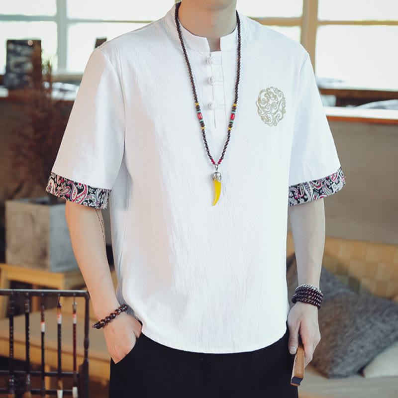 Nimara Ritual Frog-Button Dragon Embroidery Chinese Tang Suit Short Sleeve Shirt Men Clothing
