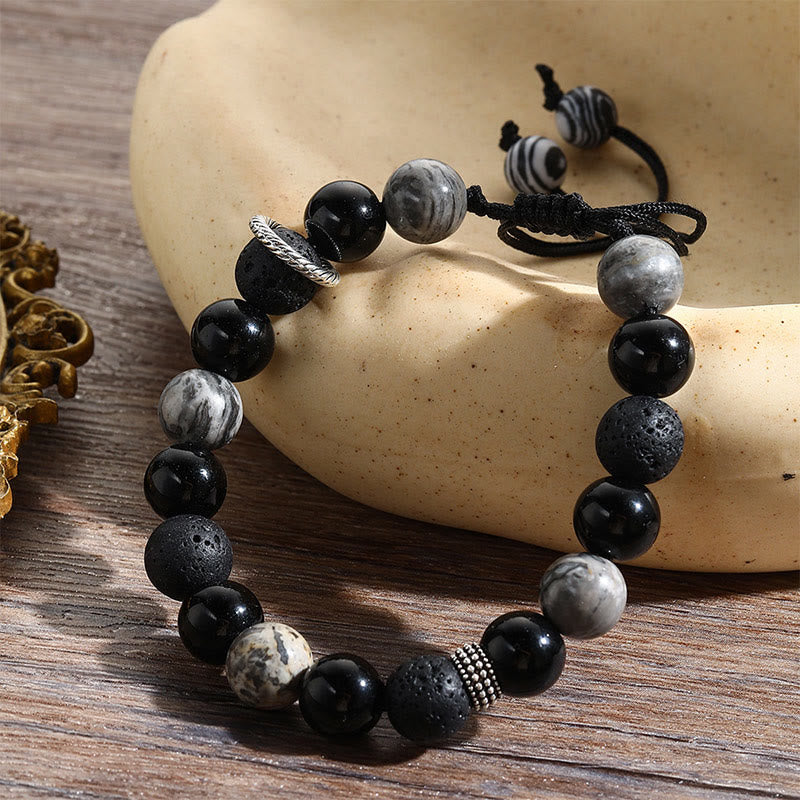 Nimara Ritual Vintage Lava Rock Black Obsidian Picasso Jasper Beads Support Rope Bracelet
