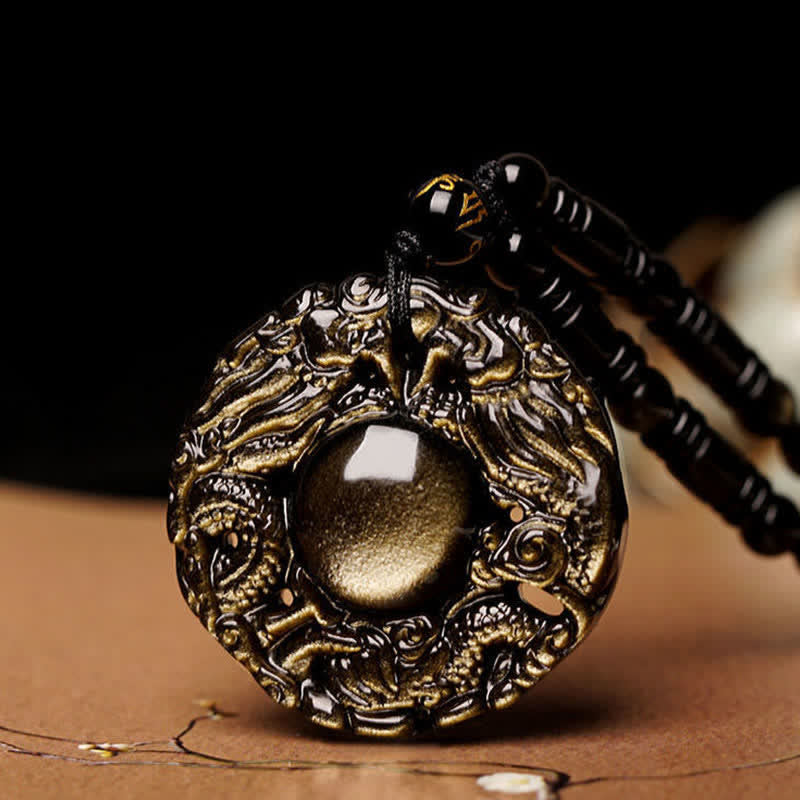 Nimara Ritual Natural Gold Sheen Obsidian Rainbow Obsidian Dragon Strength Necklace Pendant