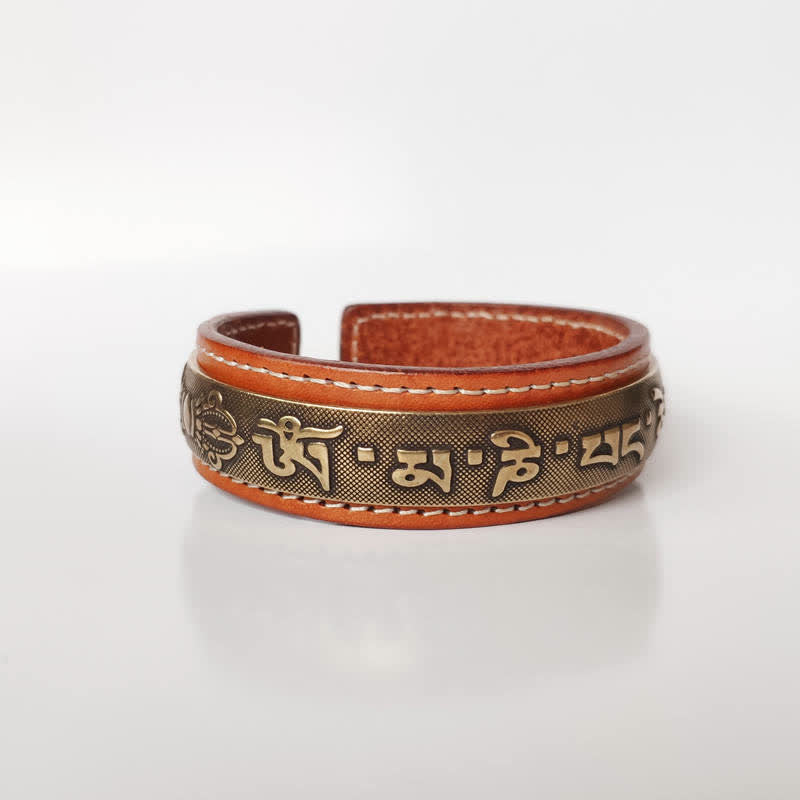 Nimara Ritual 2Pcs Om Mani Padme Hum Dragon Phoenix Copper Leather Peace Cuff Bracelet Bangle