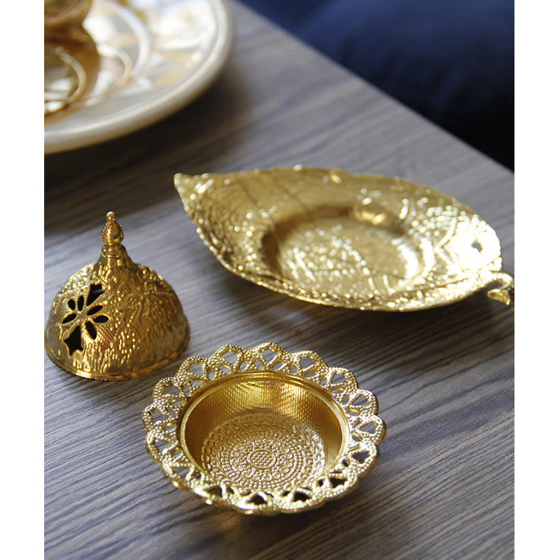 Nimara Ritual Tibetan Gold Mini Leaf Coaster Meditation Incense Burner